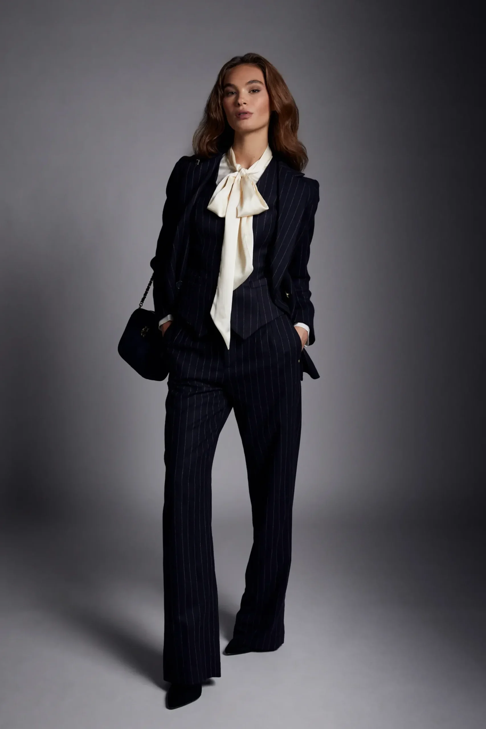 Holland Cooper High Waisted Straight Trouser Navy Chalk Pin Stripe Best