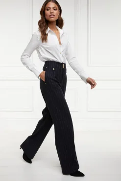Holland Cooper High Waisted Straight Trouser Navy Chalk Pin Stripe Best