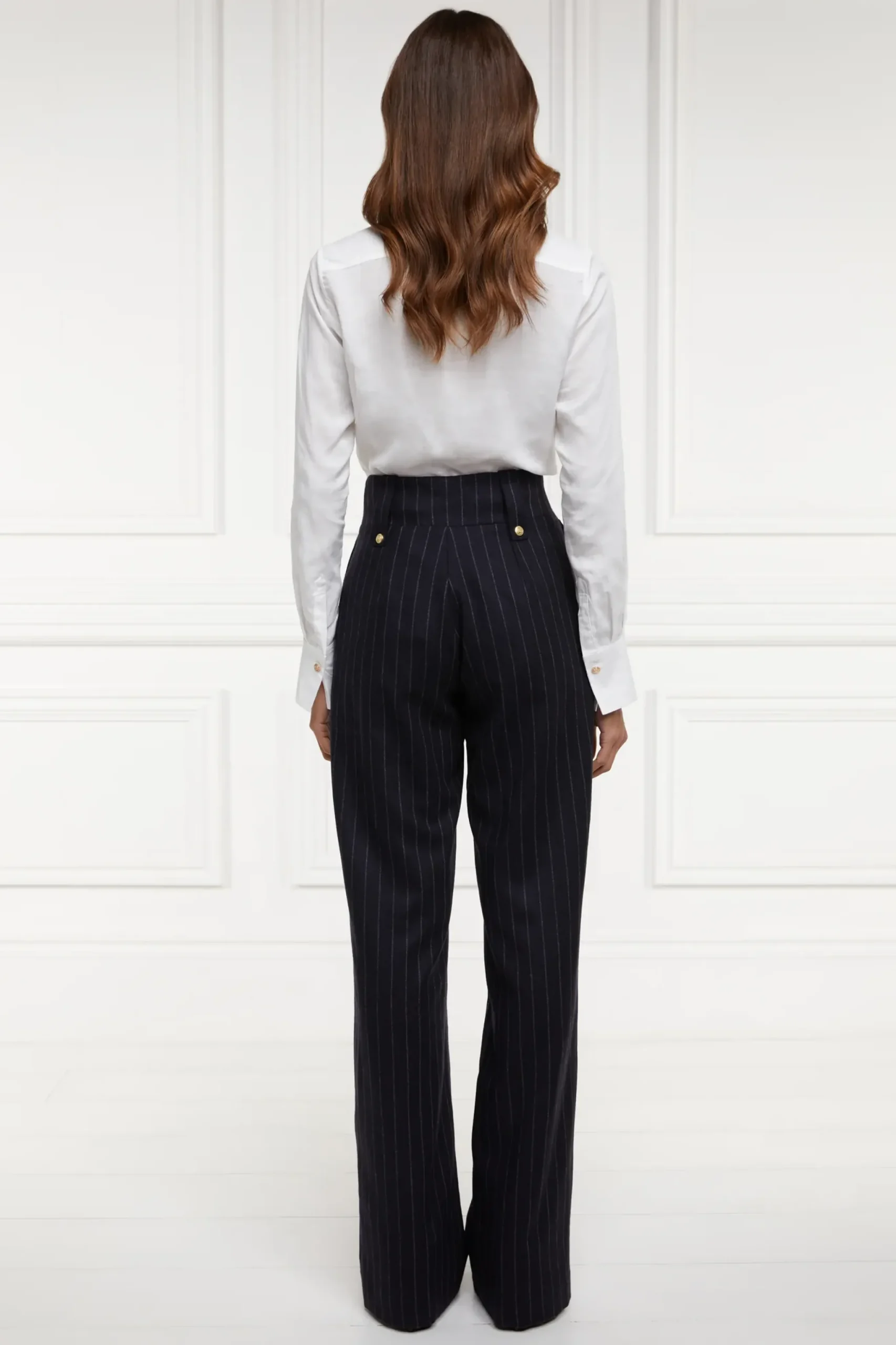 Holland Cooper High Waisted Straight Trouser Navy Chalk Pin Stripe Best
