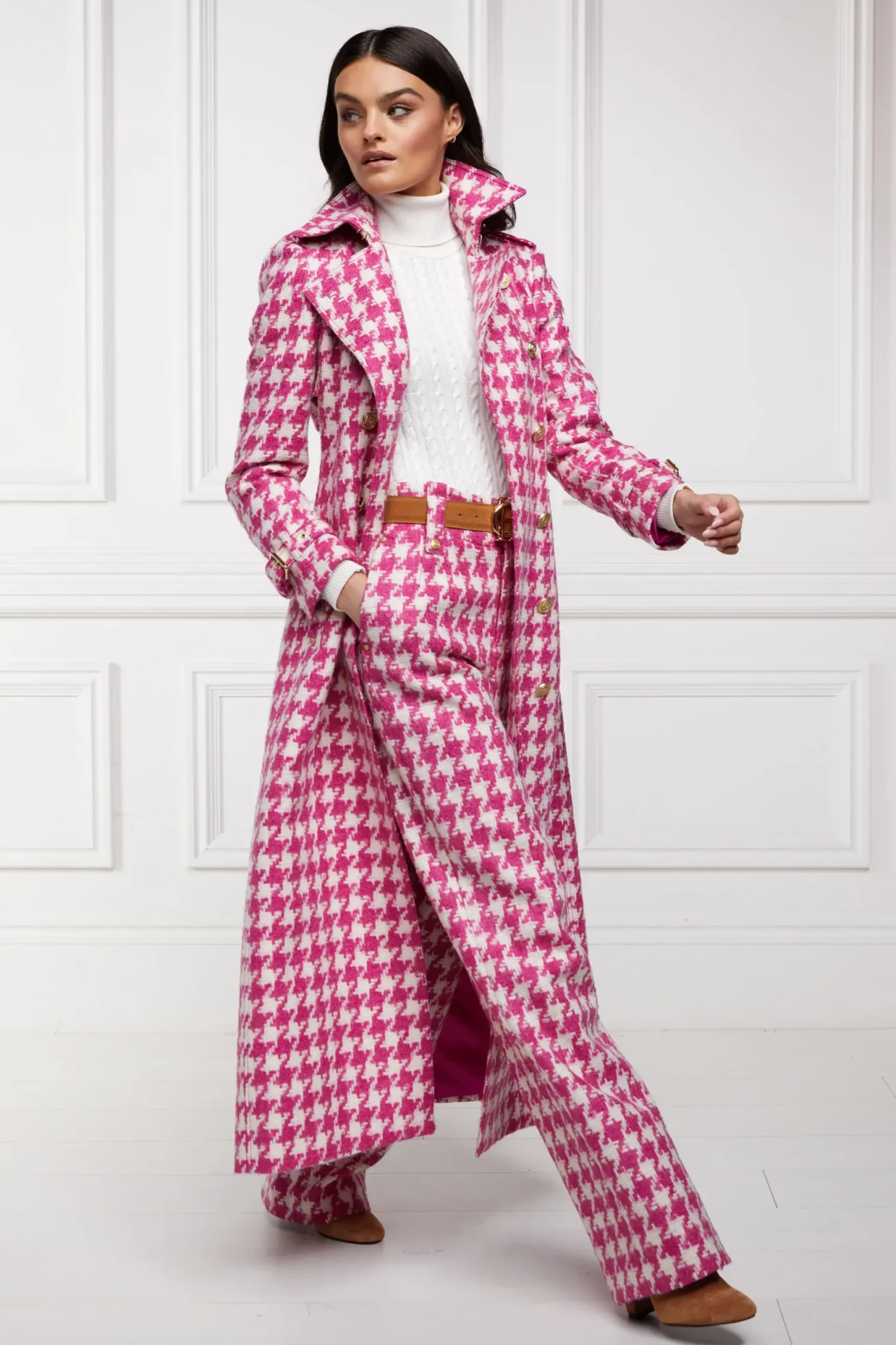 Holland Cooper High Waisted Straight Trouser Hot Pink Large Scale Houndstooth
