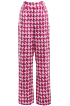 Holland Cooper High Waisted Straight Trouser Hot Pink Large Scale Houndstooth