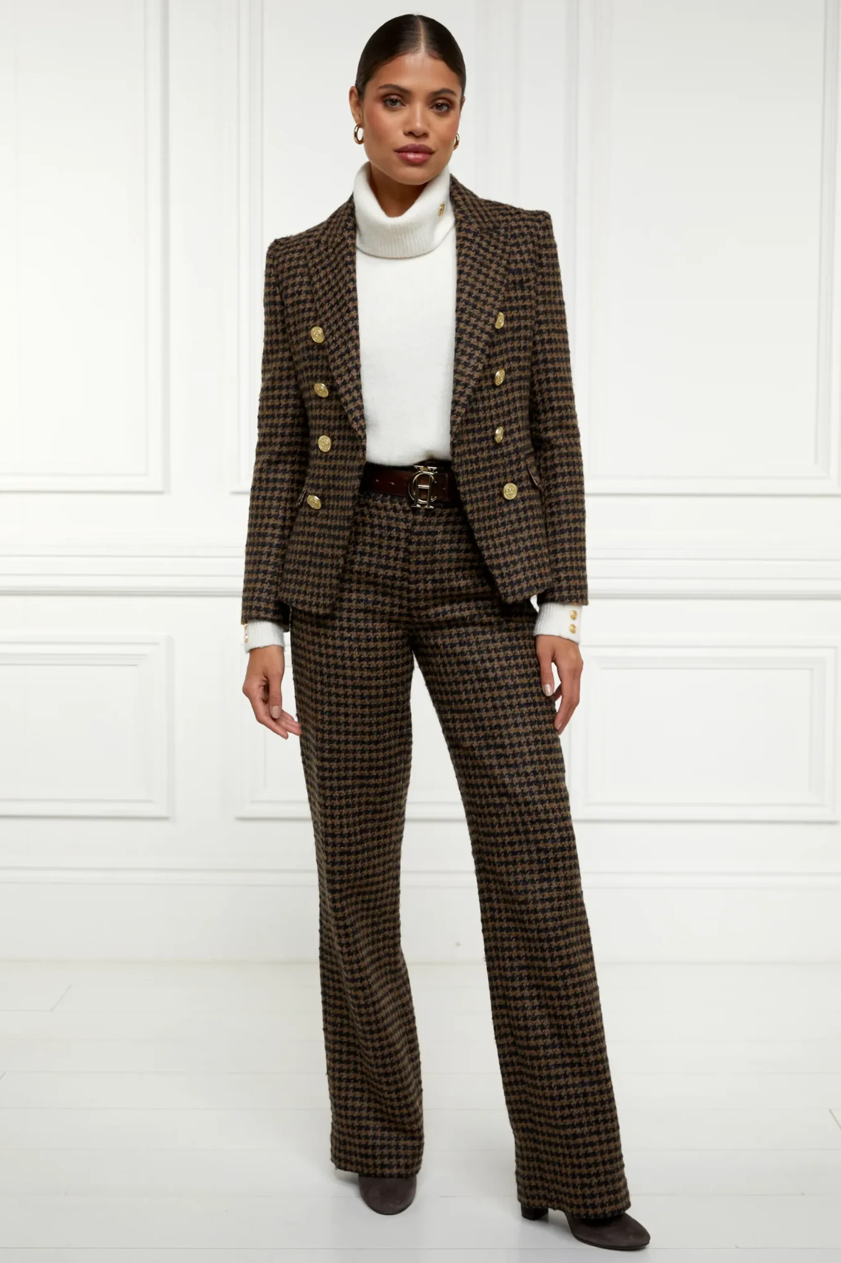 Holland Cooper High Waisted Straight Trouser Chocolate Houndstooth Outlet