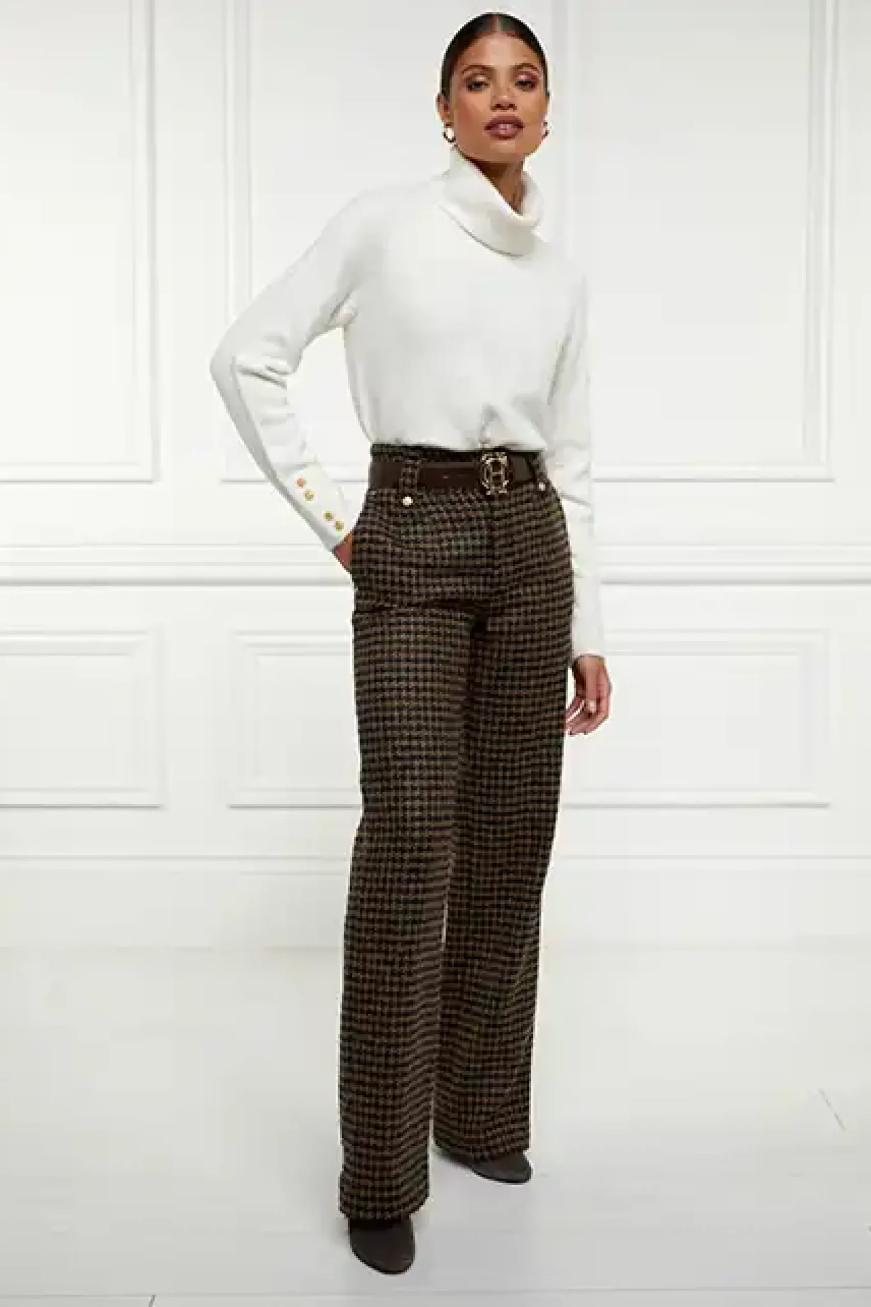 Holland Cooper High Waisted Straight Trouser Chocolate Houndstooth Outlet