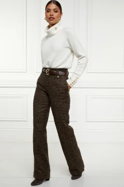 Holland Cooper High Waisted Straight Trouser Chocolate Houndstooth Outlet
