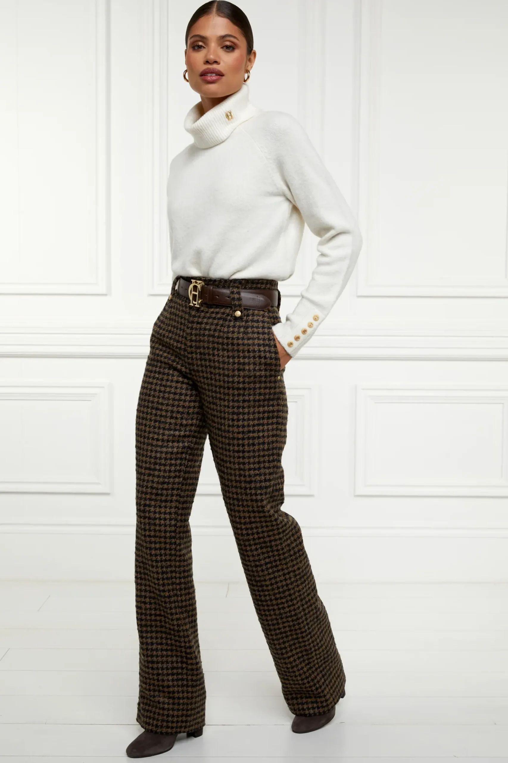 Holland Cooper High Waisted Straight Trouser Chocolate Houndstooth Outlet