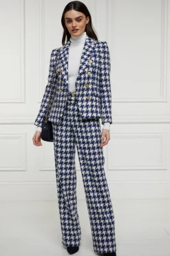 Holland Cooper High Waisted Straight Trouser Large Scale Navy Houndstooth Hot