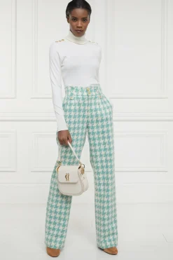 Holland Cooper High Waisted Straight Trouser Large Scale Teal Houndstooth Clearance