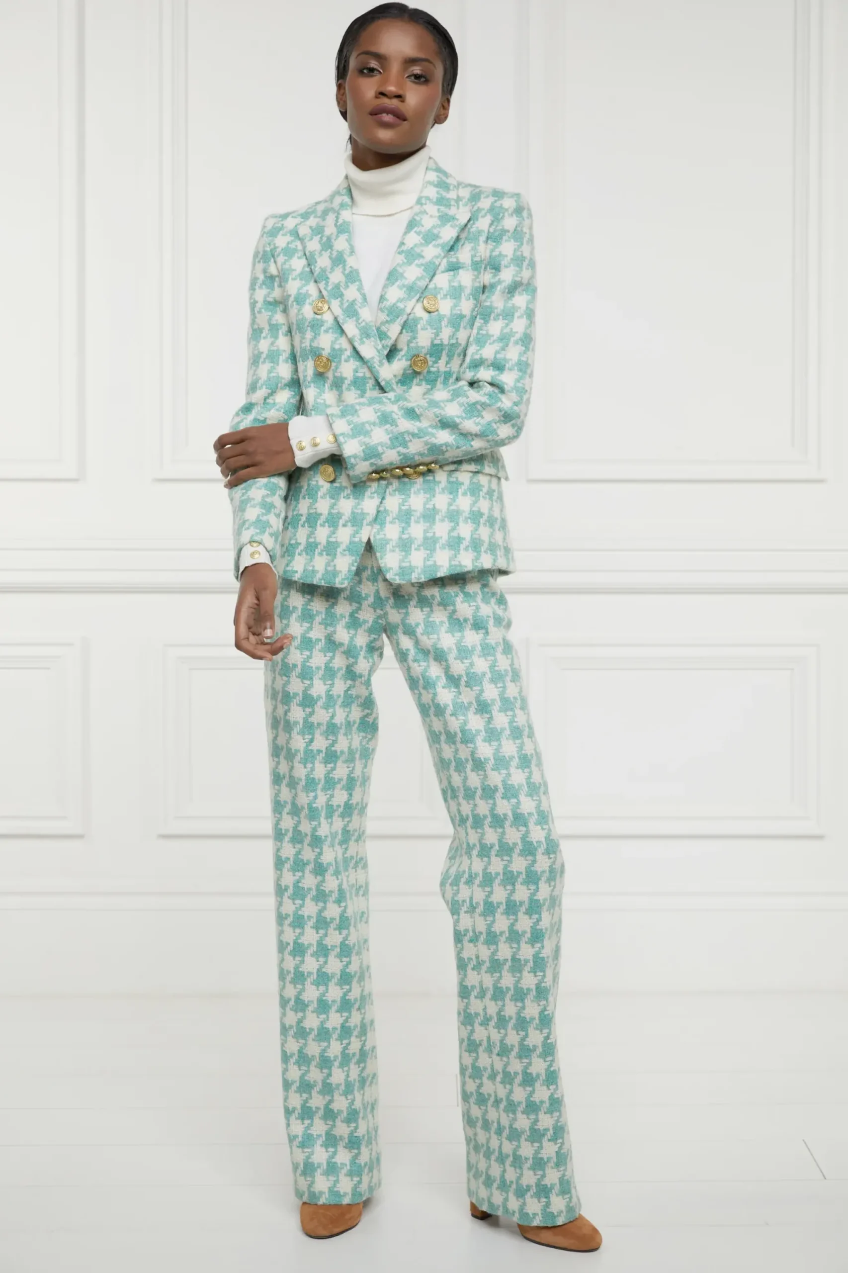 Holland Cooper High Waisted Straight Trouser Large Scale Teal Houndstooth Clearance