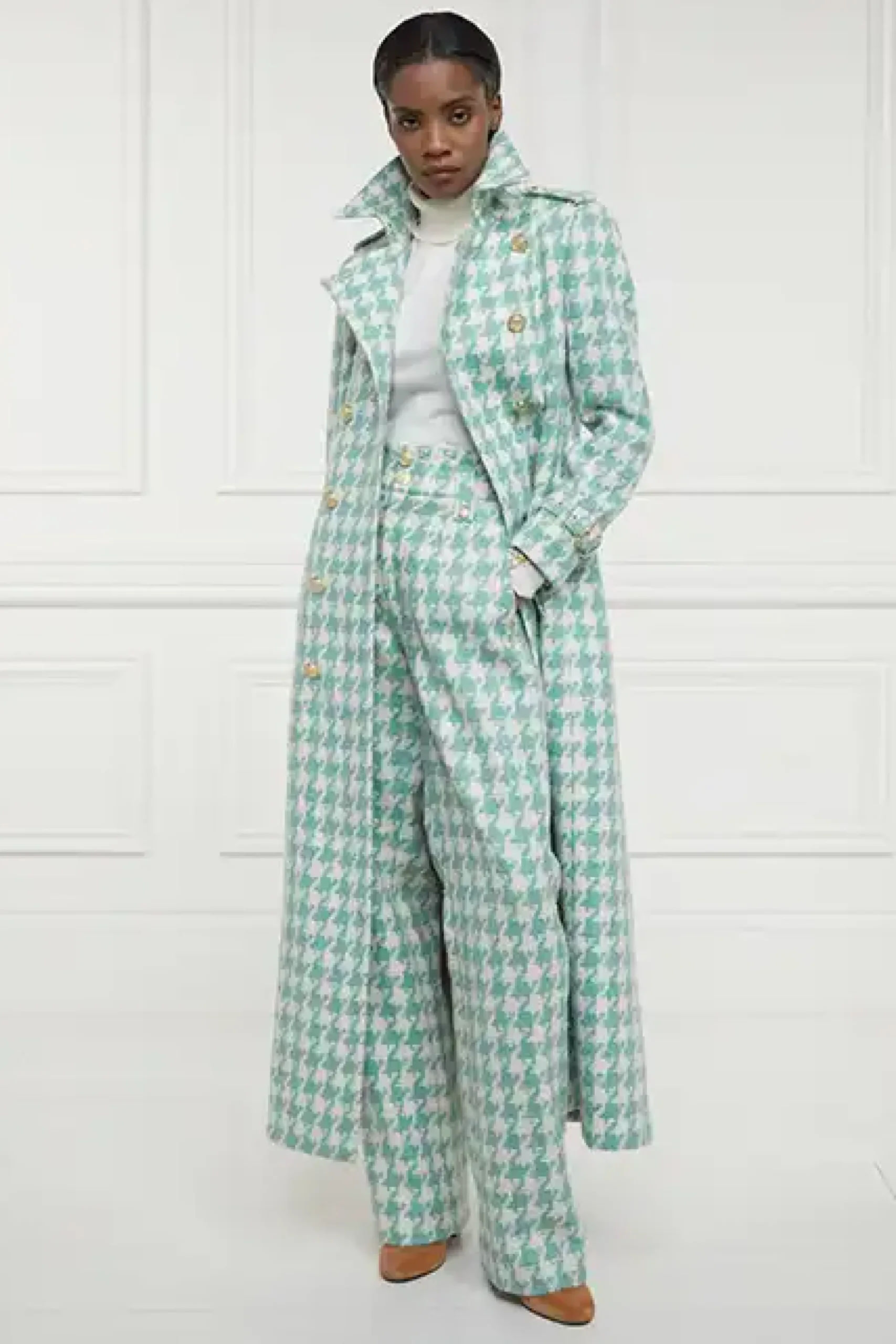Holland Cooper High Waisted Straight Trouser Large Scale Teal Houndstooth Clearance