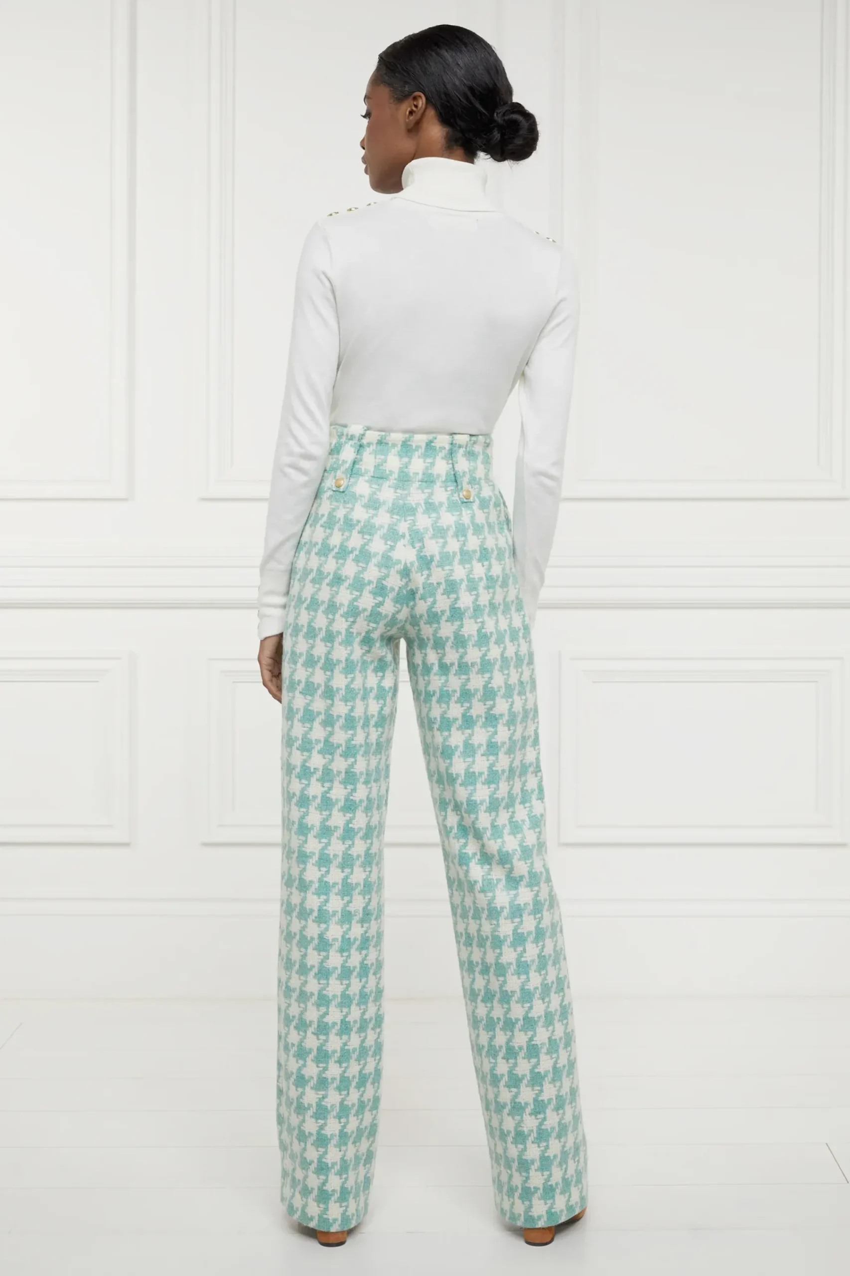 Holland Cooper High Waisted Straight Trouser Large Scale Teal Houndstooth Clearance