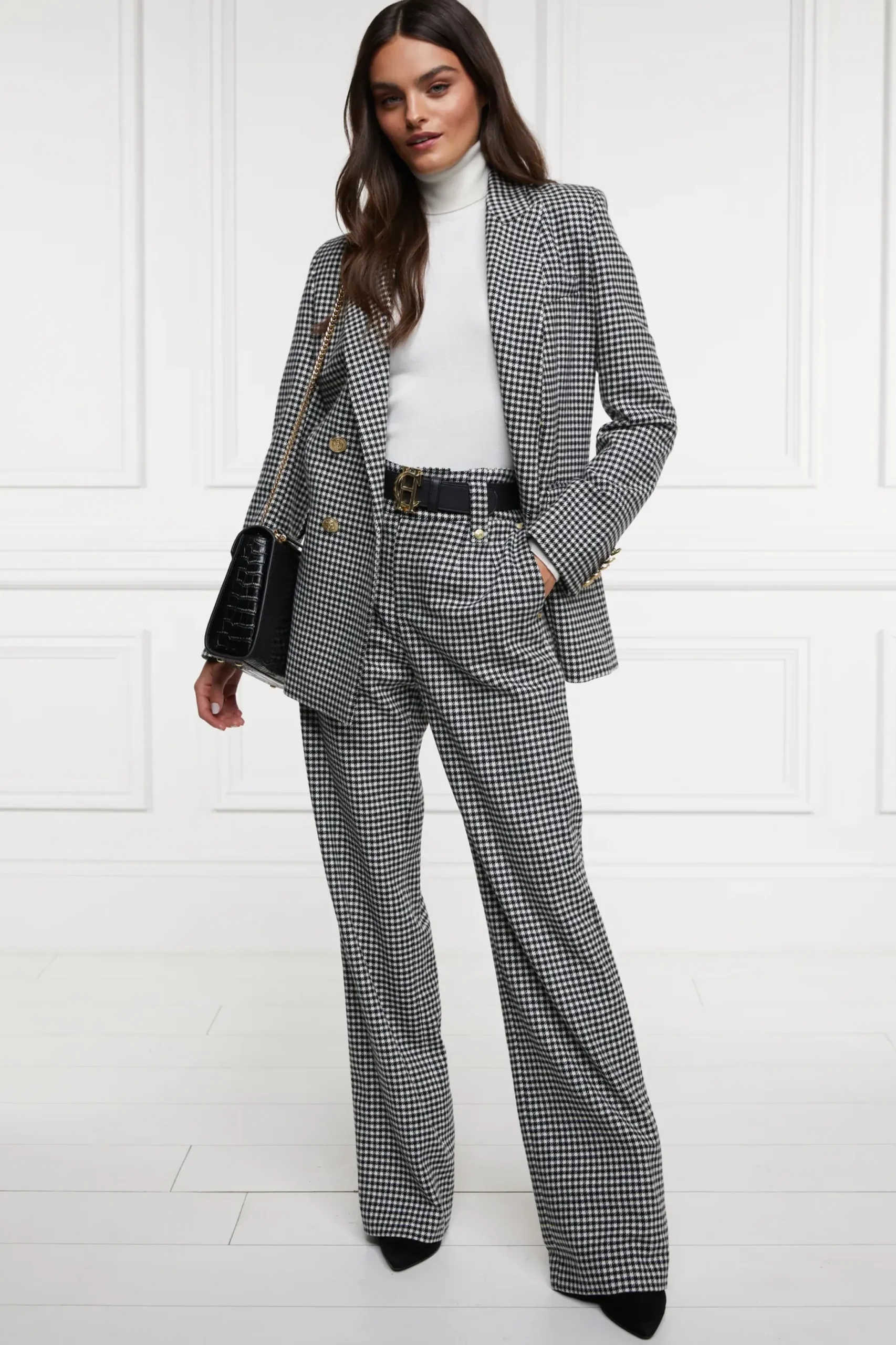 Holland Cooper High Waisted Straight Trouser Black & White Puppy Tooth Outlet