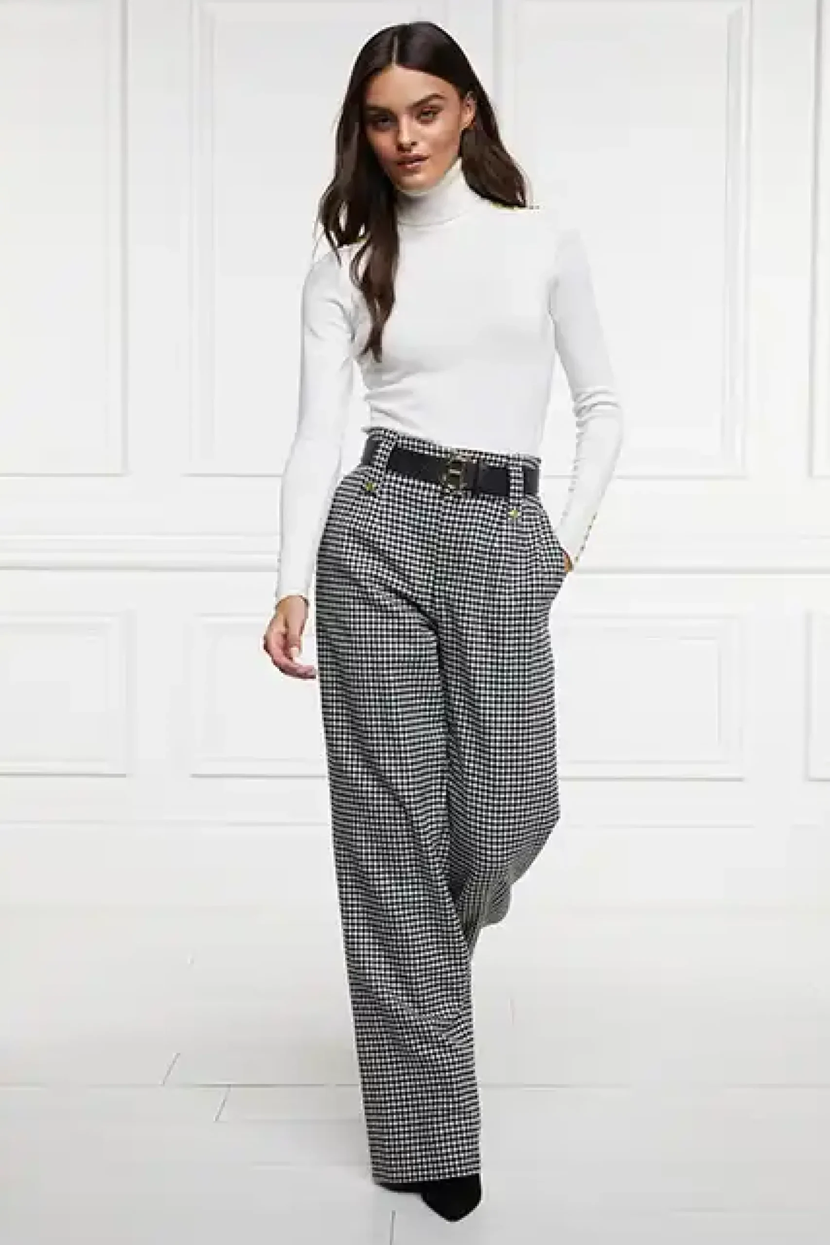 Holland Cooper High Waisted Straight Trouser Black & White Puppy Tooth Outlet
