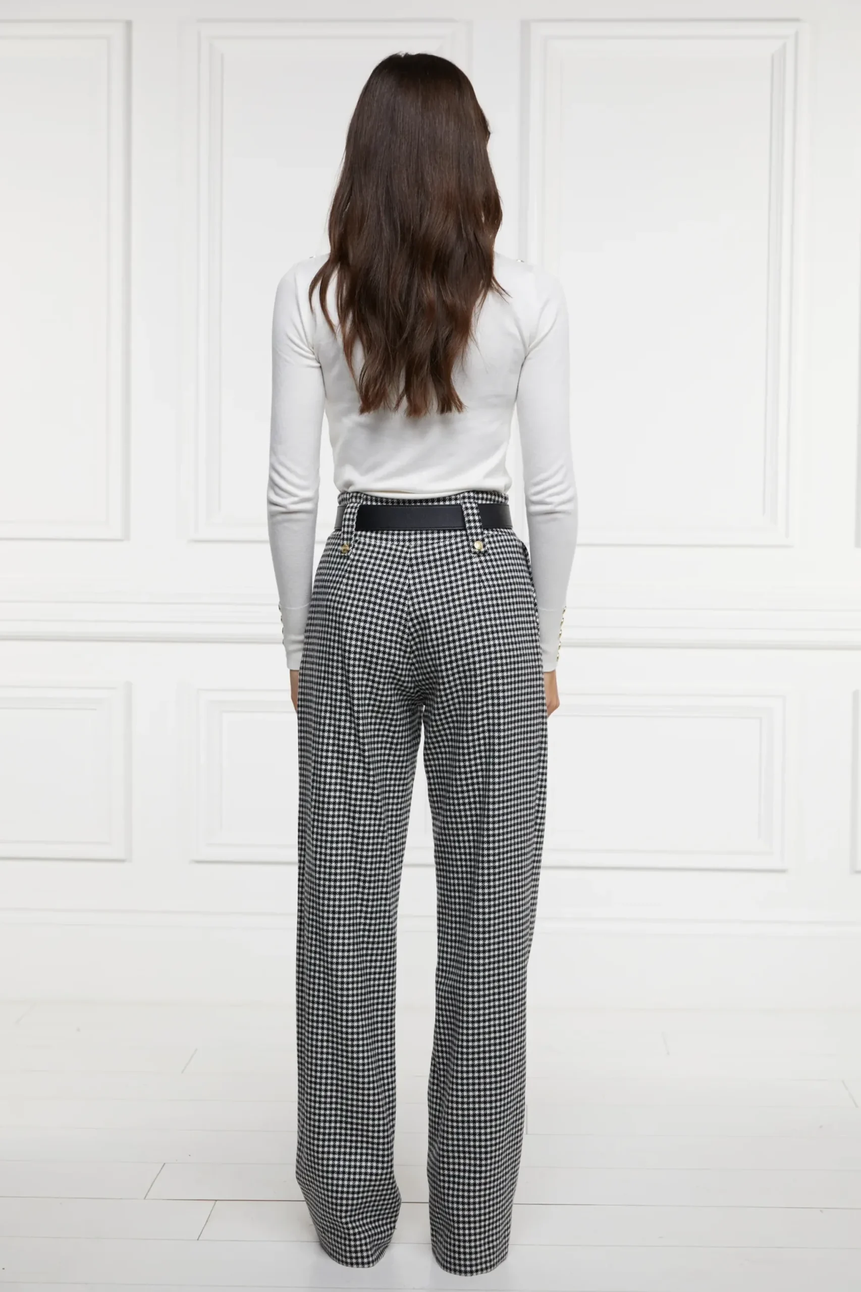 Holland Cooper High Waisted Straight Trouser Black & White Puppy Tooth Outlet
