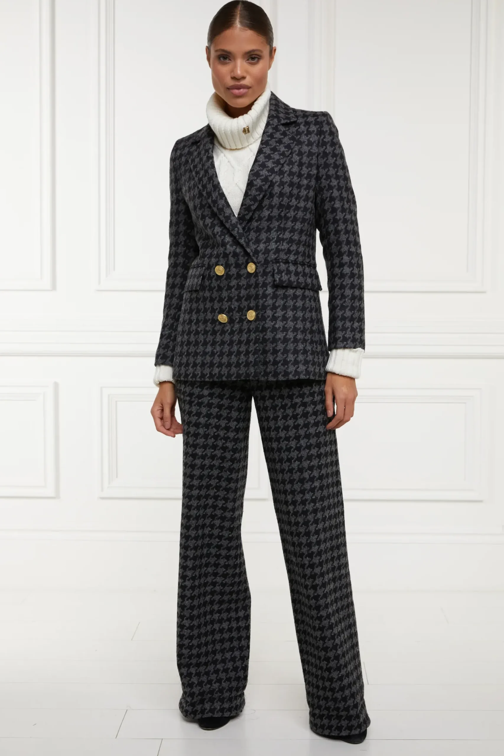 Holland Cooper High Waisted Straight Trouser Large Scale Charcoal Houndstooth Sale