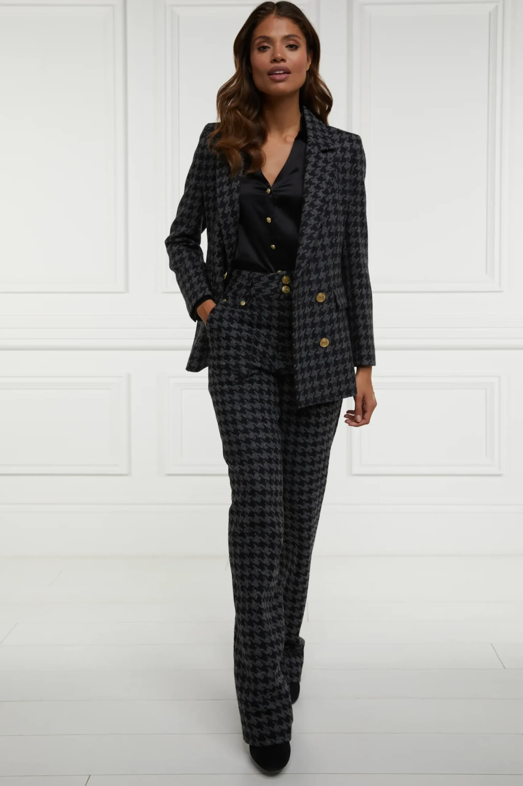 Holland Cooper High Waisted Straight Trouser Large Scale Charcoal Houndstooth Sale