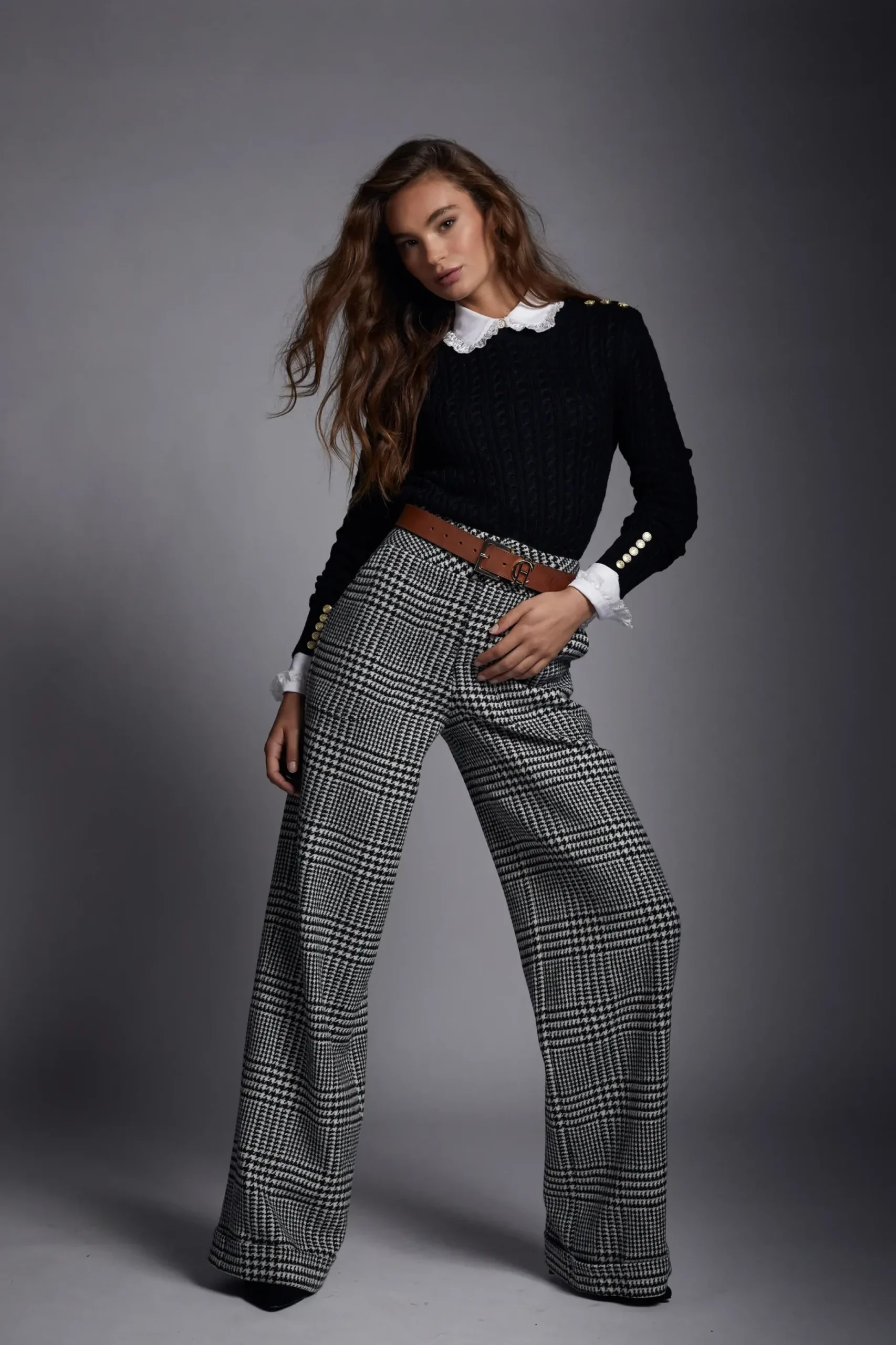 Holland Cooper High Waisted Straight Trouser Large Scale Prince of Wales Mono Discount