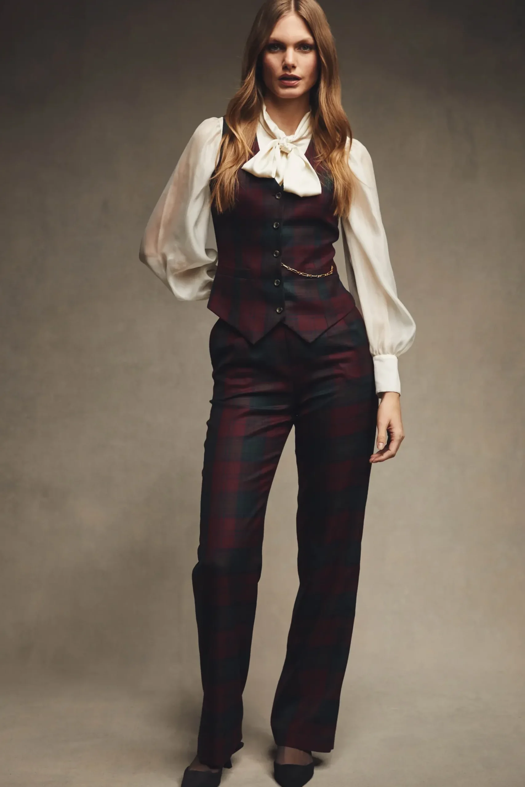 Holland Cooper High Waisted Straight Trouser Mulberry Tartan Discount