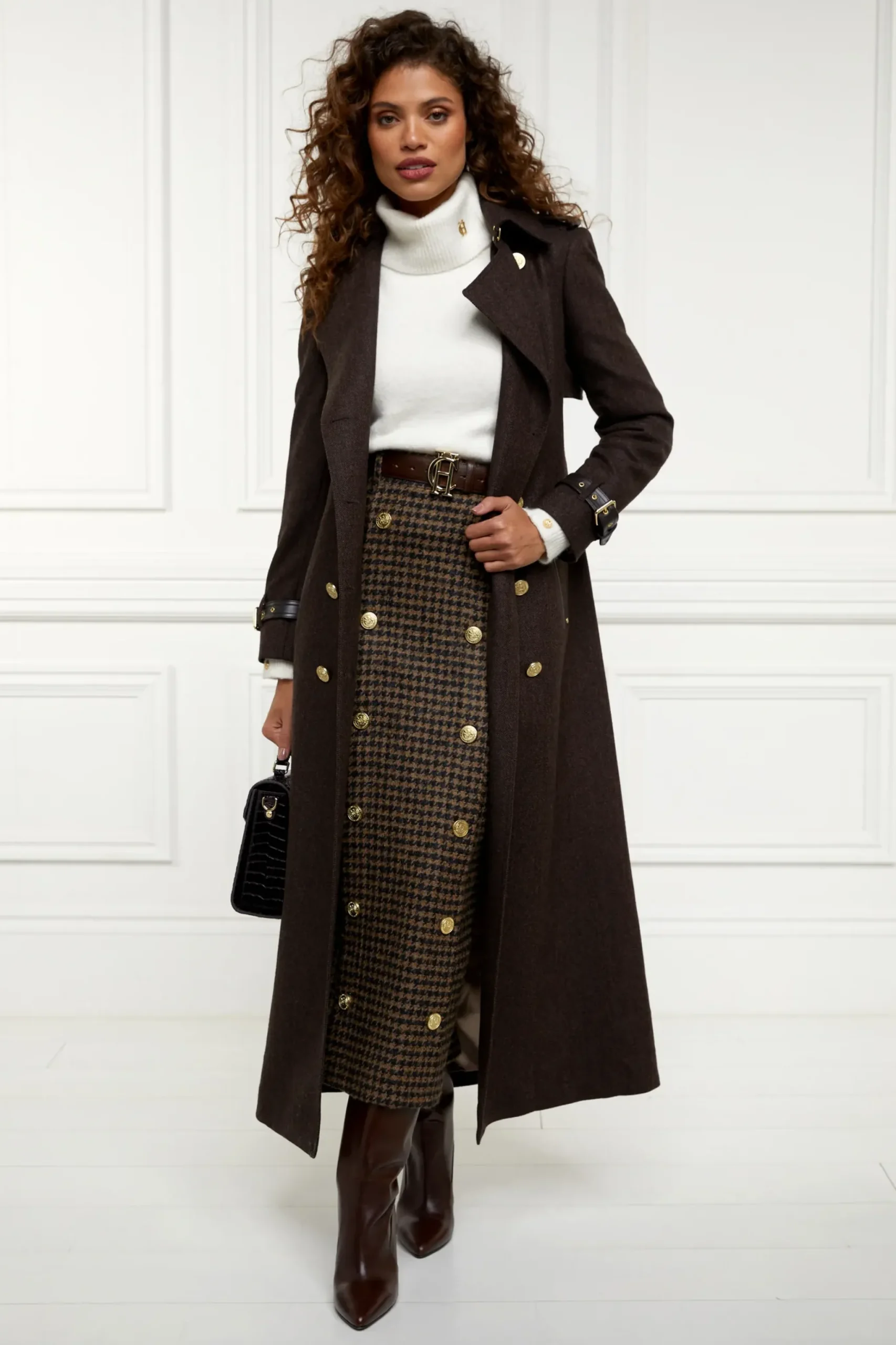 Holland Cooper Knightsbridge Maxi Skirt Chocolate Houndstooth