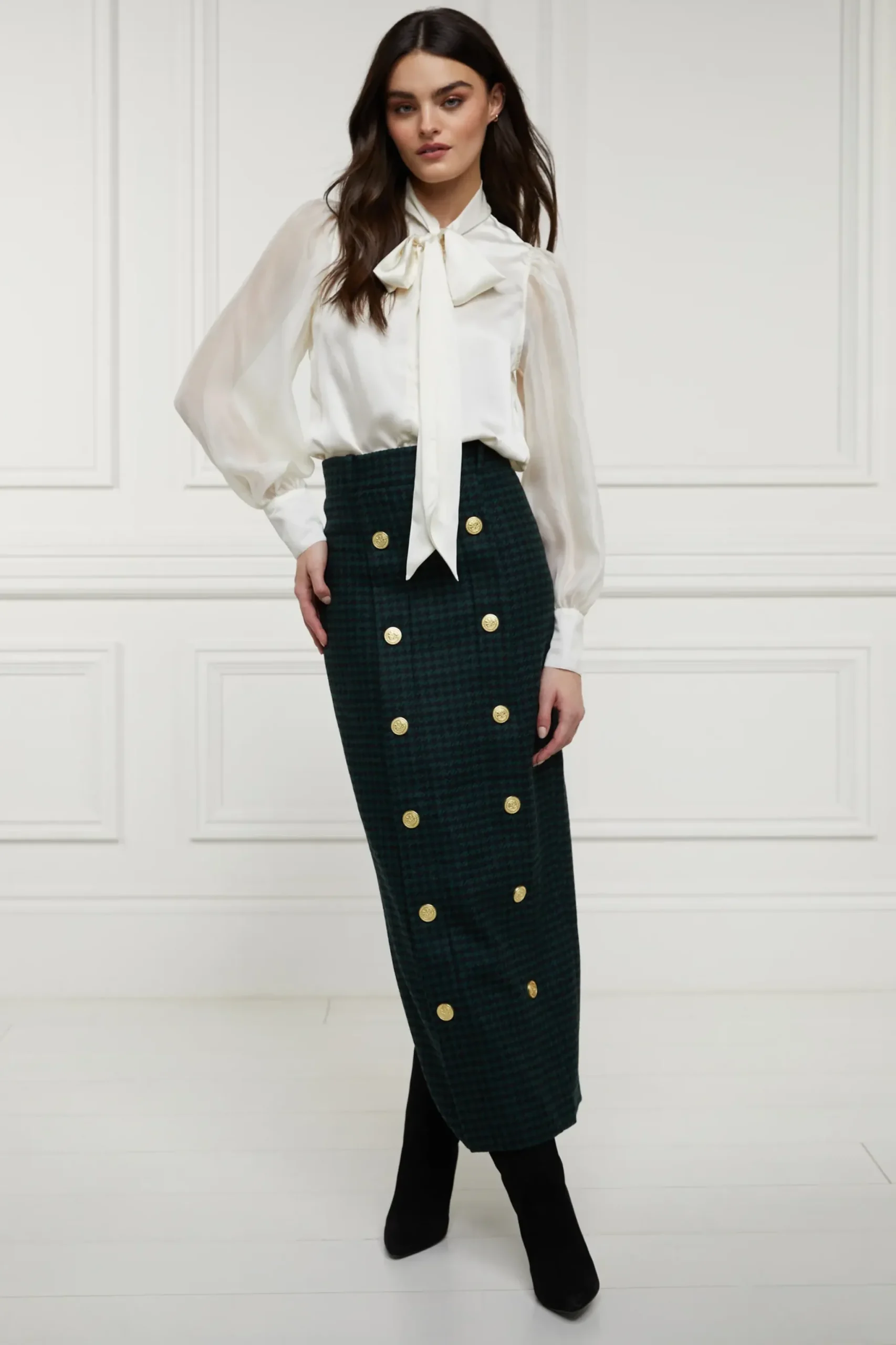 Holland Cooper Knightsbridge Maxi Skirt Emerald Houndstooth Clearance
