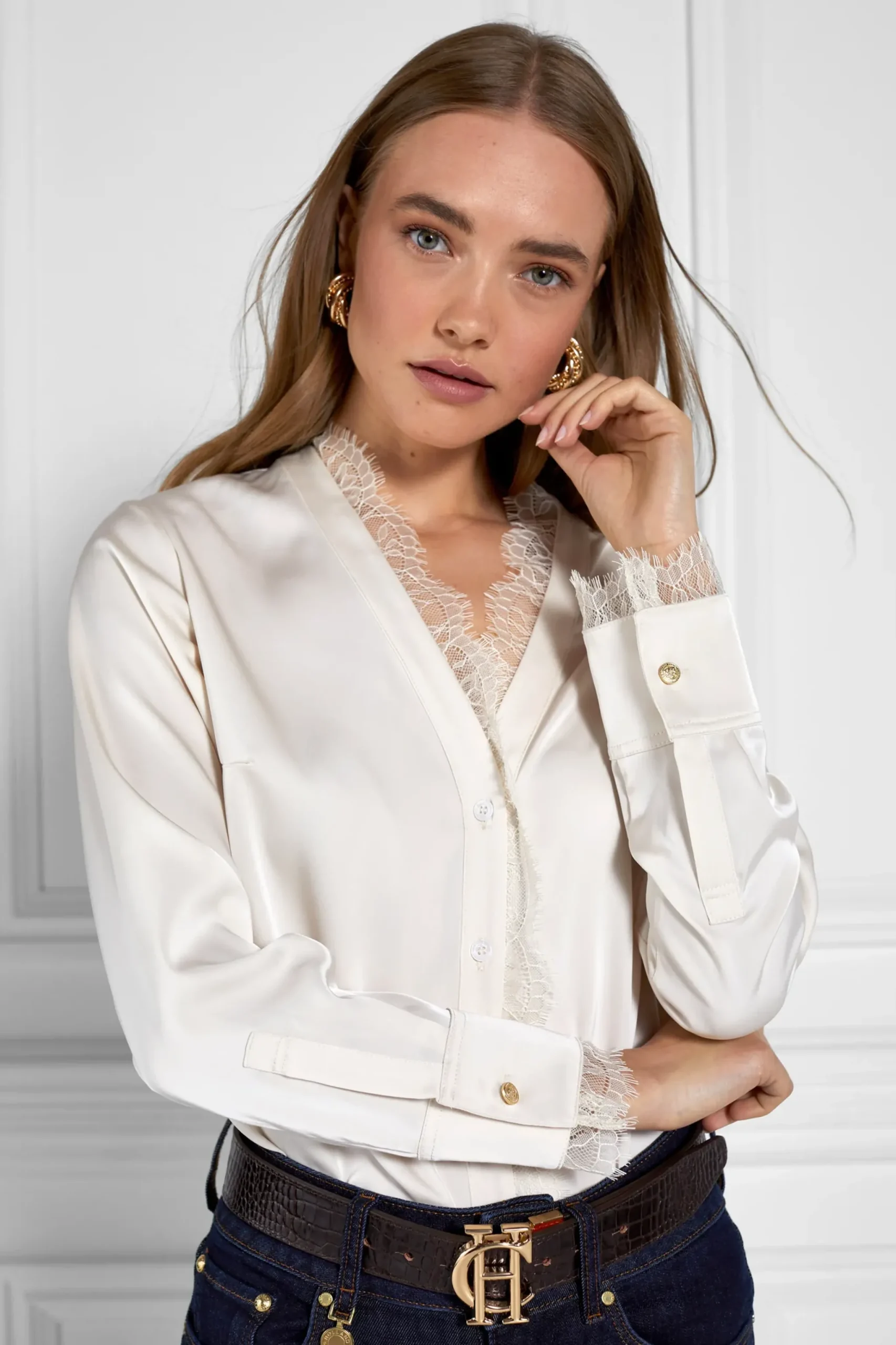 Holland Cooper Lace V-Neck Blouse Oyster New