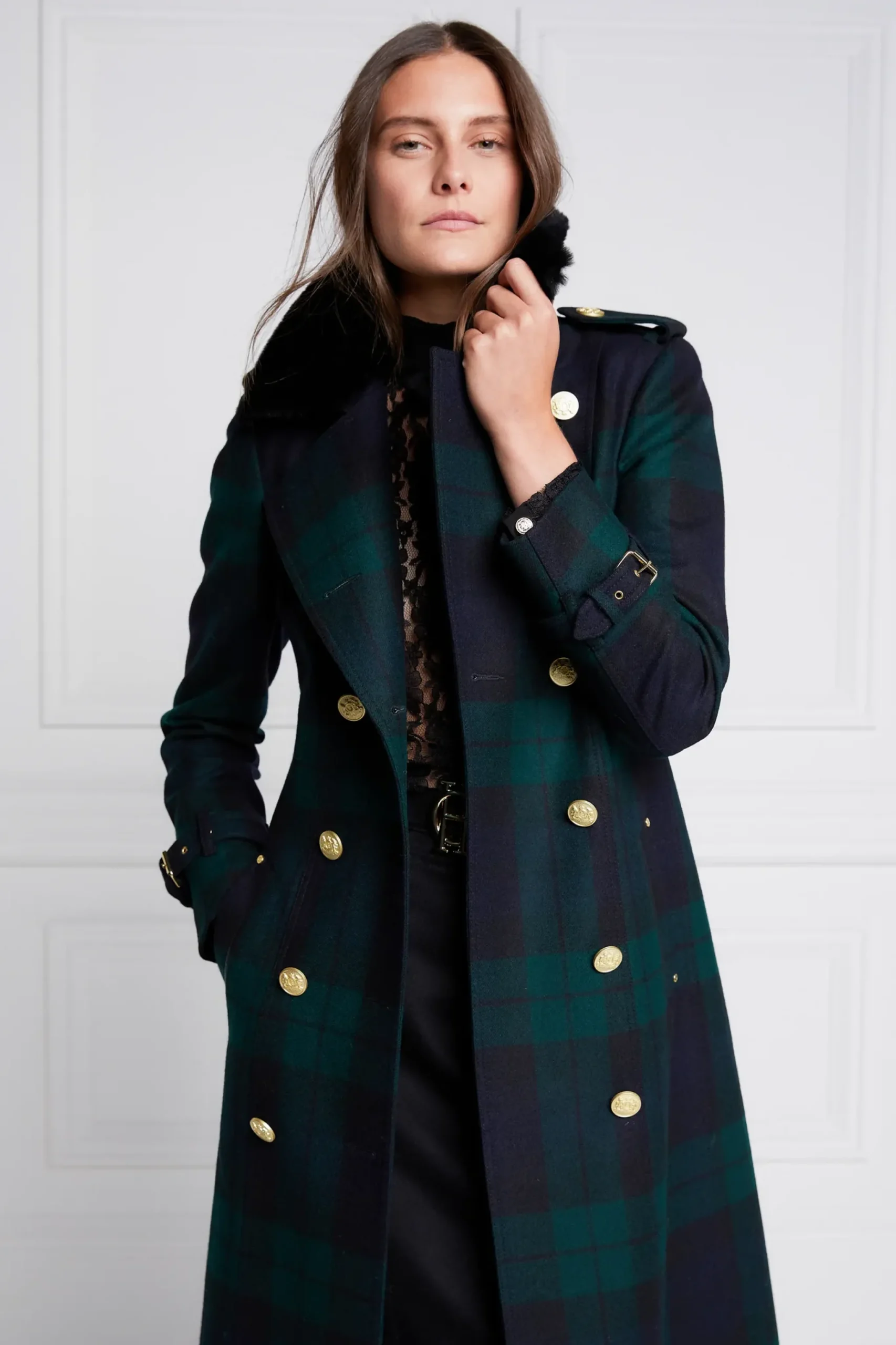 Holland Cooper Marlborough Shearling Trench Coat Blackwatch Outlet
