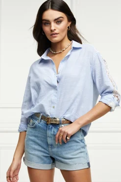 Holland Cooper Oversized Cotton Lace Shirt Tick Stripe Sky Blue