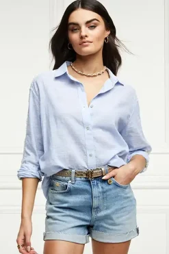 Holland Cooper Oversized Cotton Lace Shirt Tick Stripe Sky Blue
