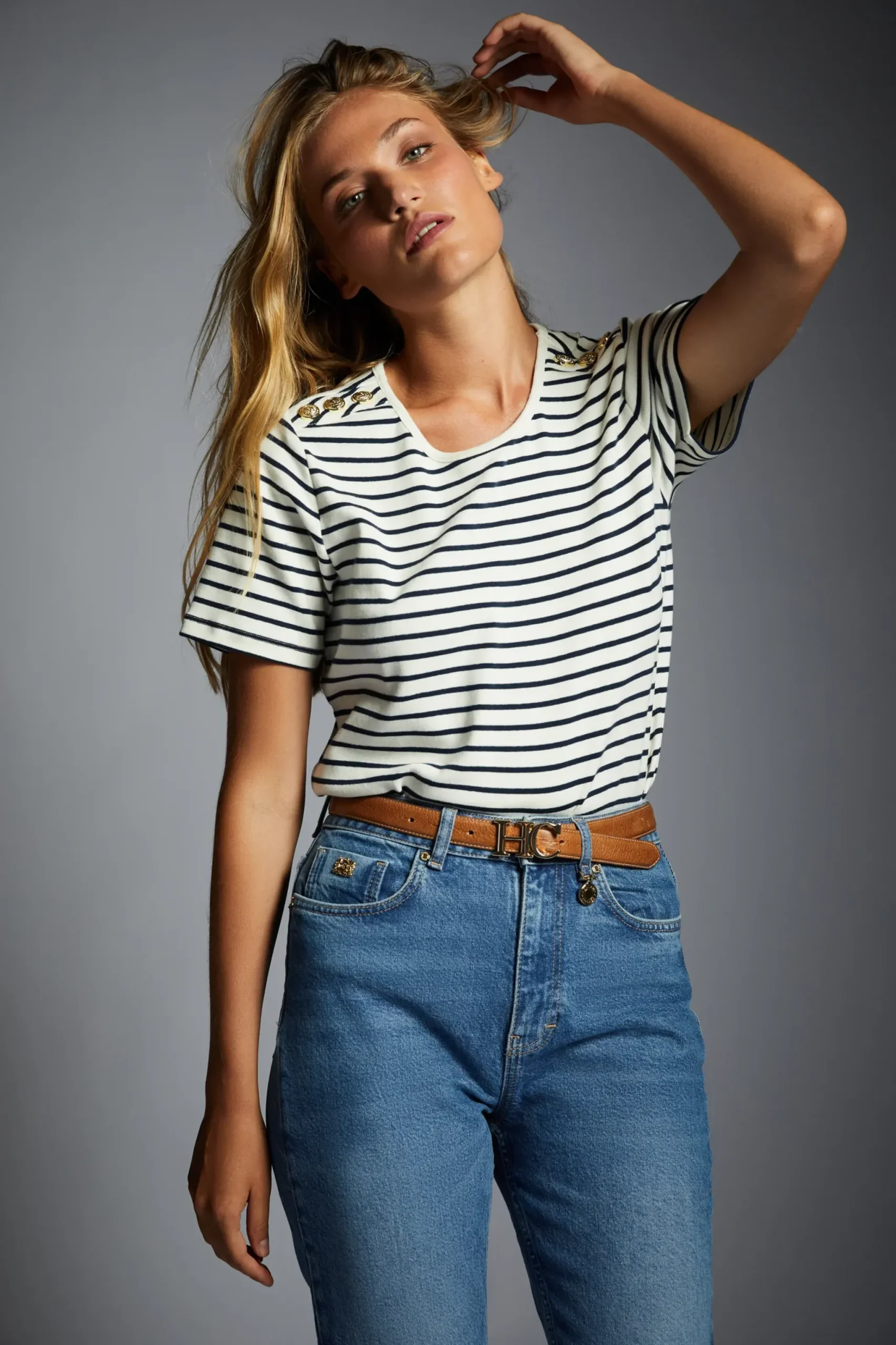 Holland Cooper Padstow Crew Neck Tee Natural Ink Navy Stripe Sale