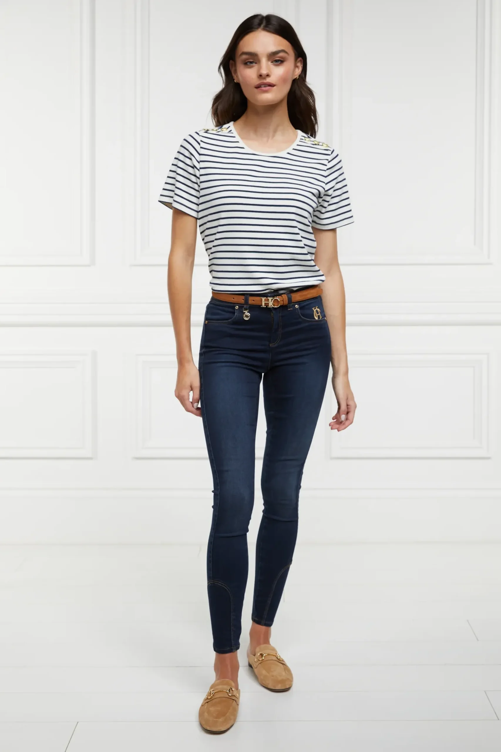 Holland Cooper Padstow Crew Neck Tee Natural Ink Navy Stripe Sale