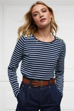 Holland Cooper Padstow Long Sleeve Crew Neck Tee Ink Navy Natural Stripe Hot
