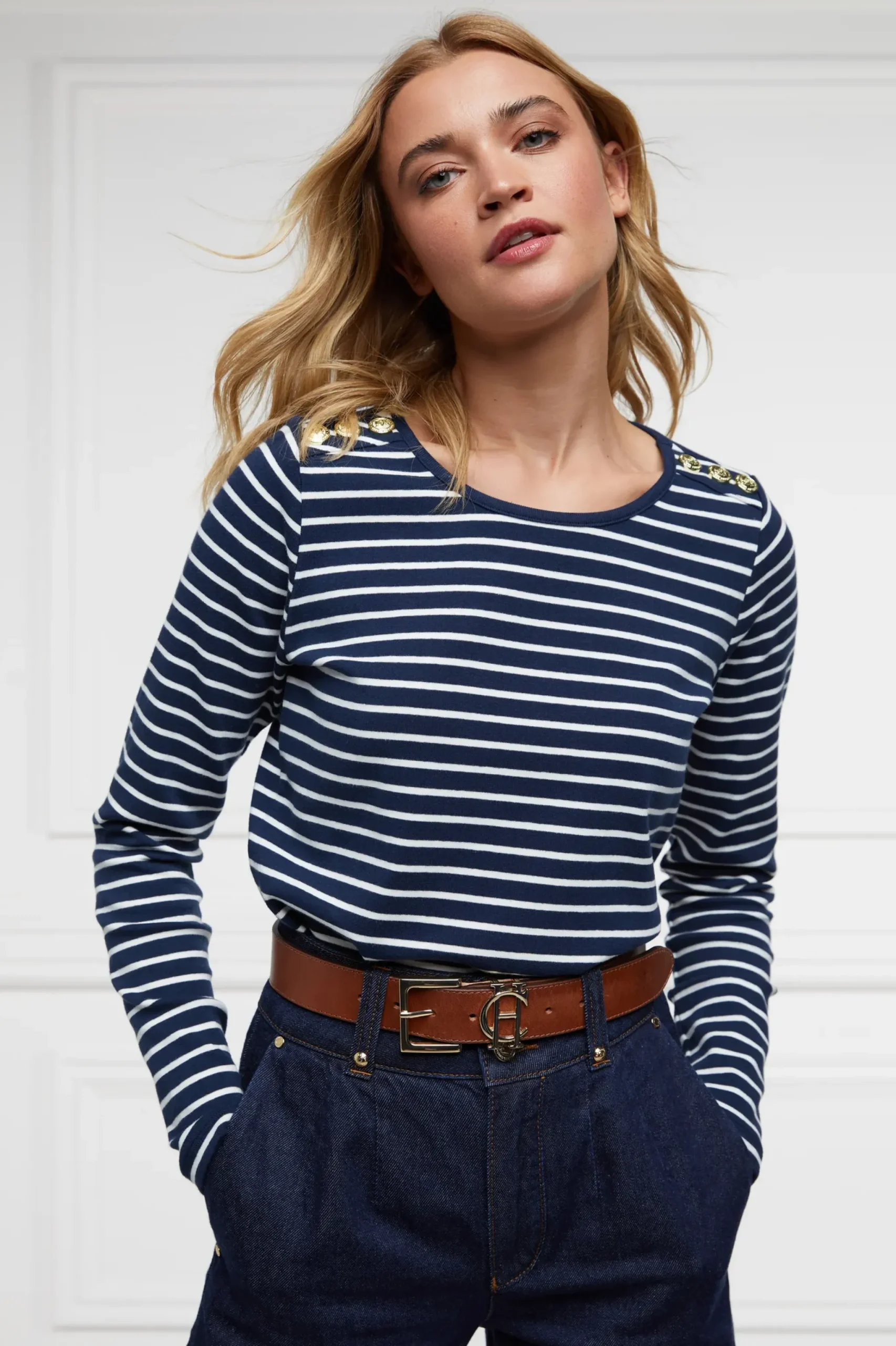 Holland Cooper Padstow Long Sleeve Crew Neck Tee Ink Navy Natural Stripe Hot