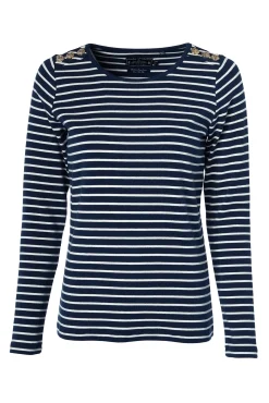Holland Cooper Padstow Long Sleeve Crew Neck Tee Ink Navy Natural Stripe Hot