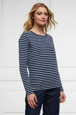 Holland Cooper Padstow Long Sleeve Crew Neck Tee Ink Navy Natural Stripe Hot
