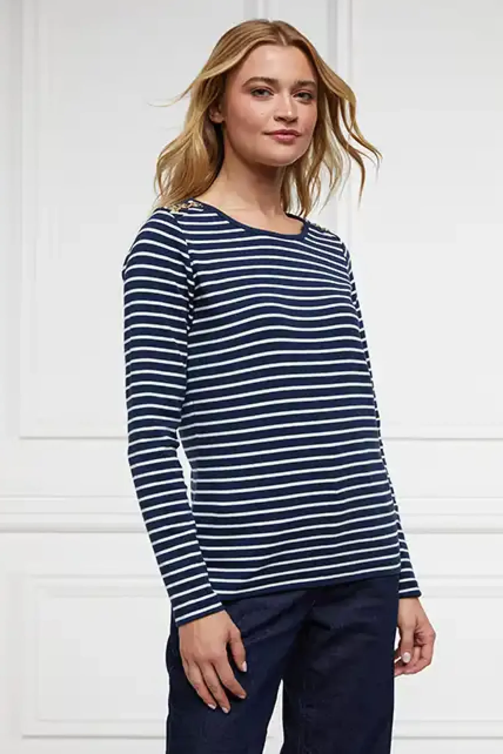 Holland Cooper Padstow Long Sleeve Crew Neck Tee Ink Navy Natural Stripe Hot