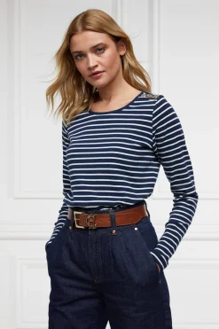 Holland Cooper Padstow Long Sleeve Crew Neck Tee Ink Navy Natural Stripe Hot