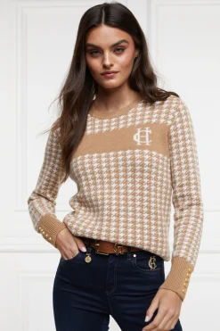 Holland Cooper Panel Crew Neck Knit Camel Houndstooth Best