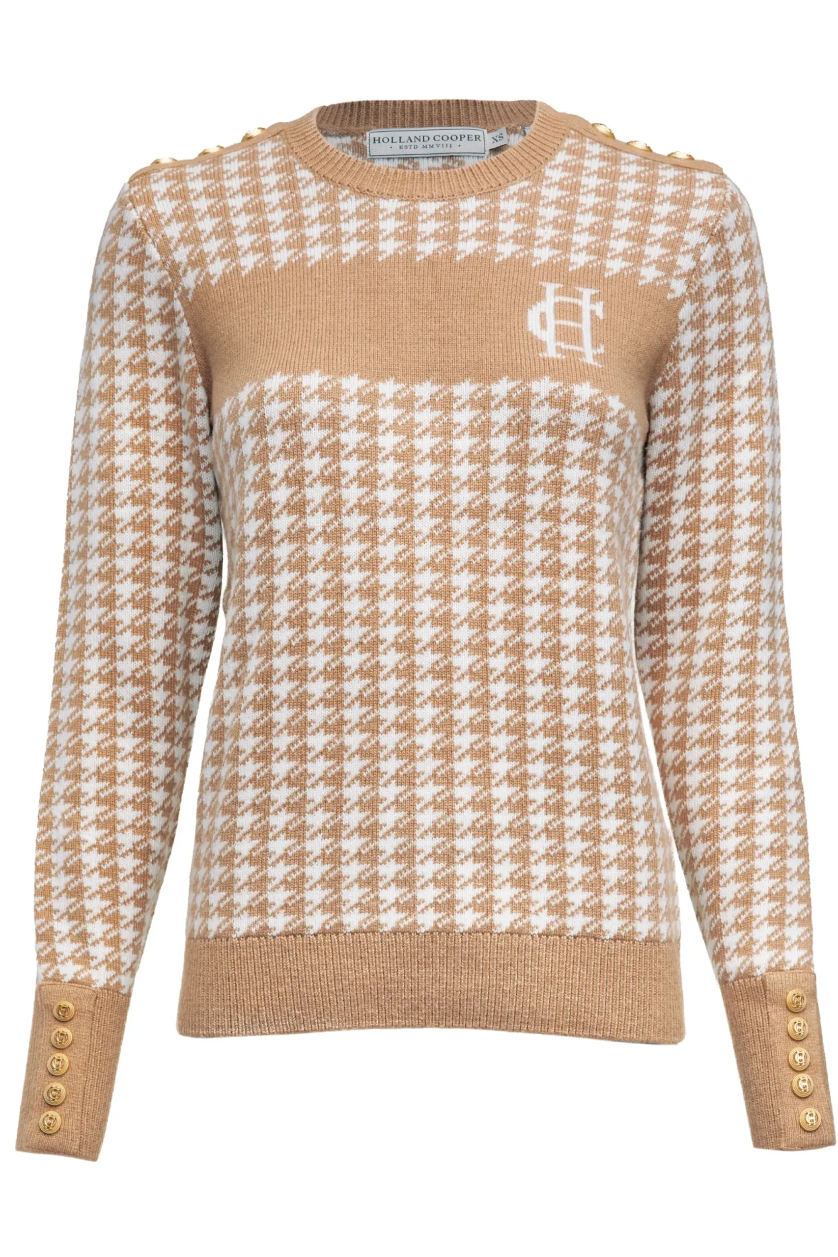 Holland Cooper Panel Crew Neck Knit Camel Houndstooth Best