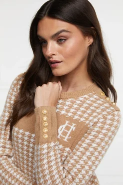 Holland Cooper Panel Crew Neck Knit Camel Houndstooth Best