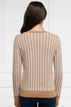 Holland Cooper Panel Crew Neck Knit Camel Houndstooth Best