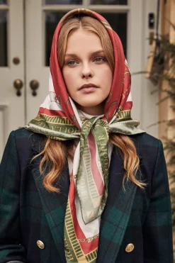 Holland Cooper Regal Horse Silk Scarf Racing Green Heritage Red Sale
