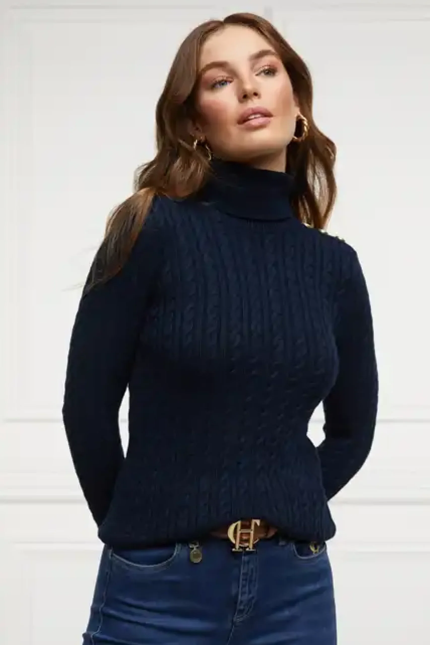 Holland Cooper Seattle Roll Neck Cable Knit Ink Navy Outlet