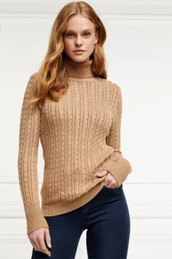 Holland Cooper Seattle Roll Neck Cable Knit Dark Camel Marl