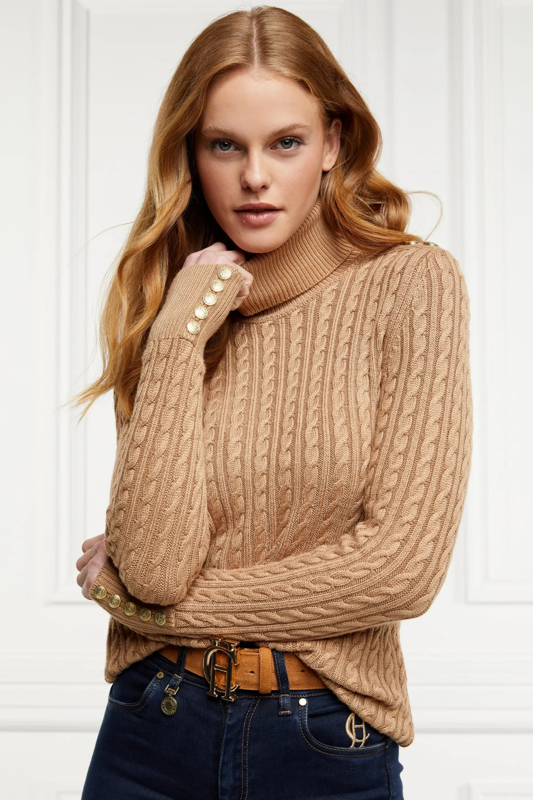 Holland Cooper Seattle Roll Neck Cable Knit Dark Camel Marl