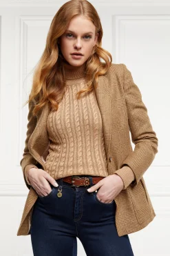 Holland Cooper Seattle Roll Neck Cable Knit Dark Camel Marl