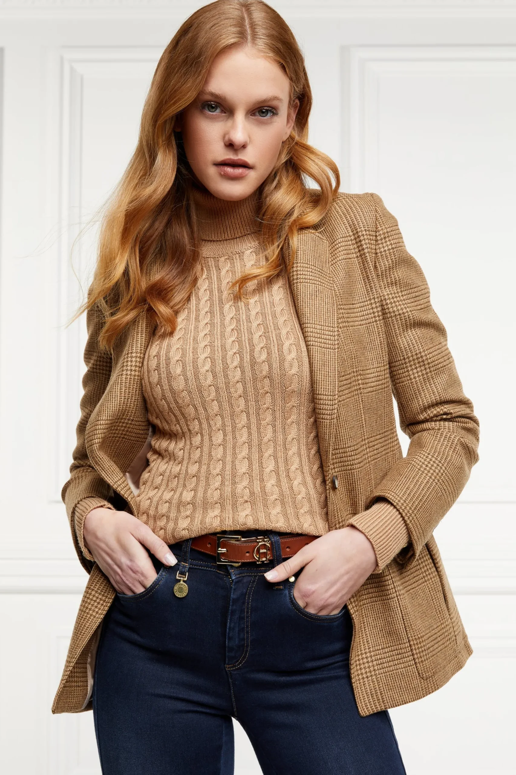 Holland Cooper Seattle Roll Neck Cable Knit Dark Camel Marl