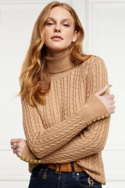 Holland Cooper Seattle Roll Neck Cable Knit Dark Camel Marl
