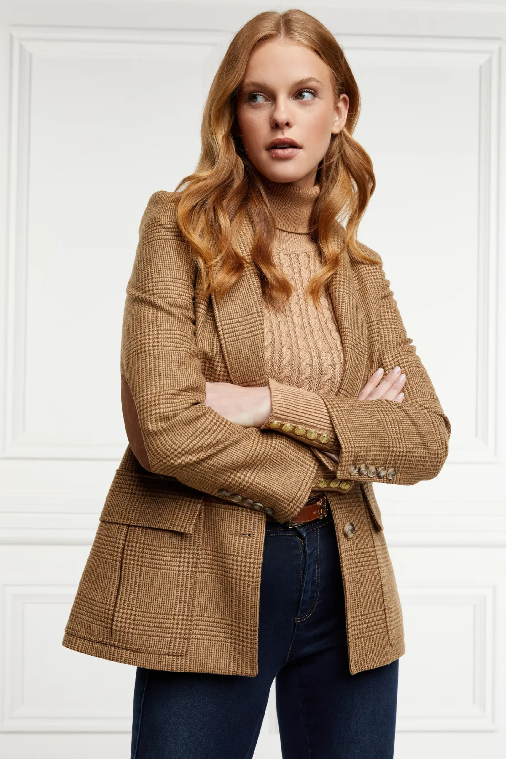 Holland Cooper Seattle Roll Neck Cable Knit Dark Camel Marl