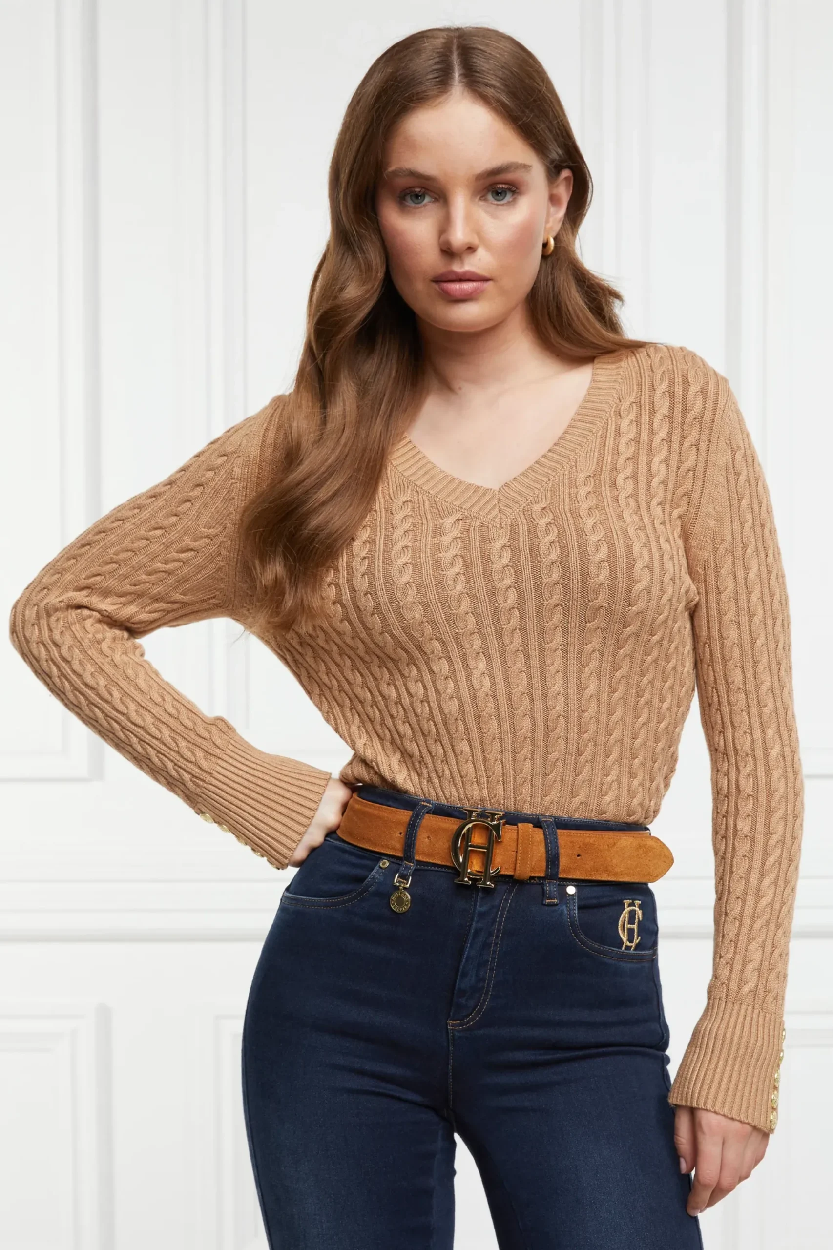 Holland Cooper Seattle V-Neck Knit Dark Camel Discount