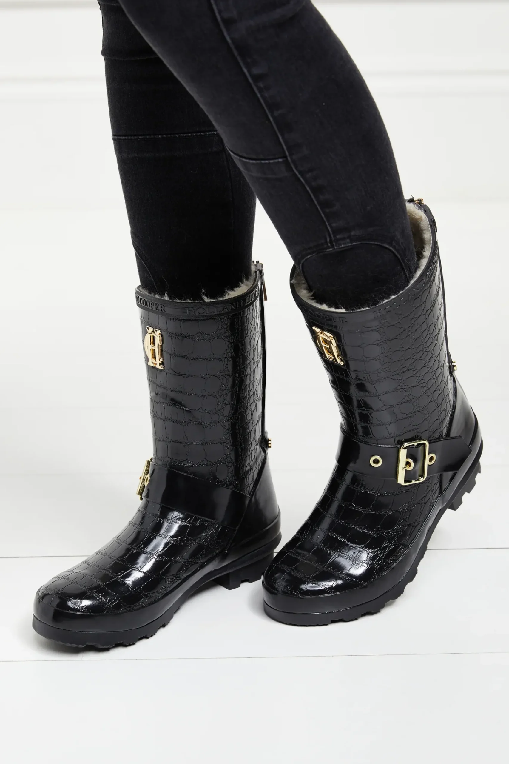 Holland Cooper Sherpa Lined Chelsea Wellington Black Croc Online