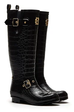 Holland Cooper Sherpa Lined Regency Wellington Black Croc